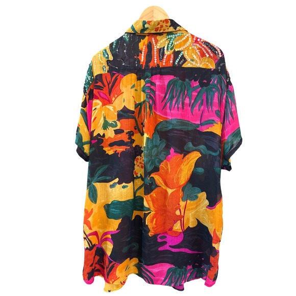 Vintage 90s Judith Ann Plus Silk Sequin Tropical Floral Abstract Tunic Blouse - Picture 3 of 4